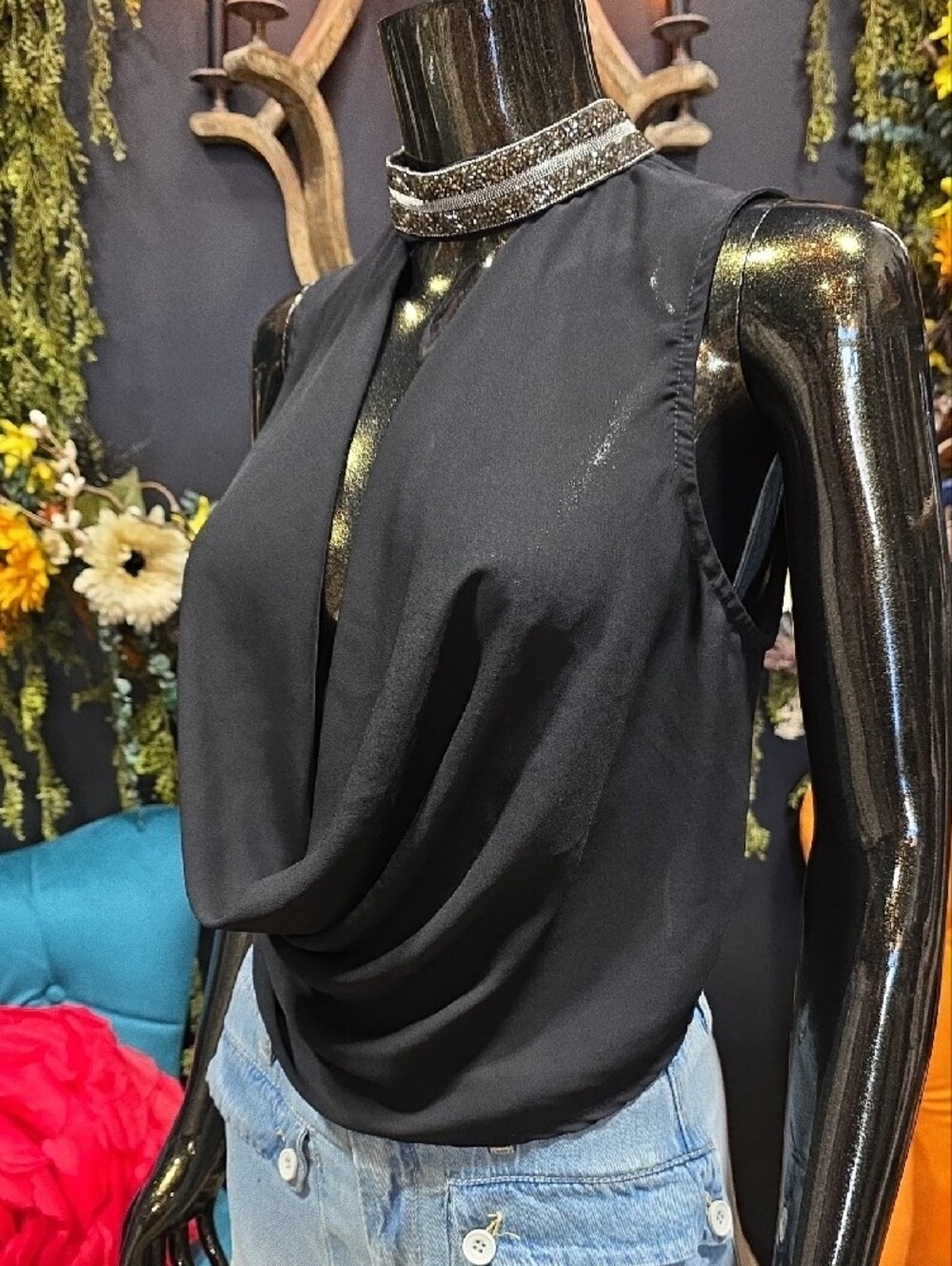 monaco Black Draped Blouse with Patterned Trim